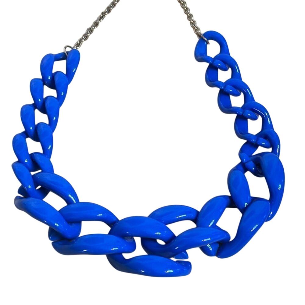 Chunky Blue Acrylic Chain Link Necklace Silver Tone Adjustable Statement Bib
